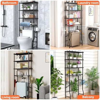 4-Tier Over-The-Toilet Storage Rack, Bathroom Organizer Shelf Over Toilet With Shelf Waterproof Feet Pad And Basket, Multifunctional Space Saver Bathroom Shelves Above Toilet for Room (Black)