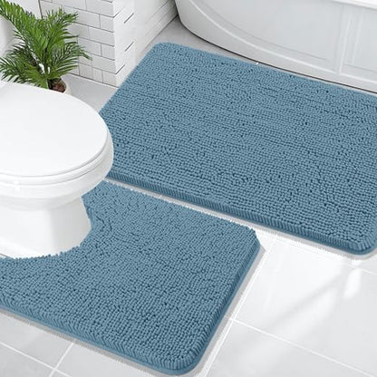 OLANLY Chenille Bathroom Rugs Mats Sets 2 Piece, 36"x24"+24"x20", Airy Blue
