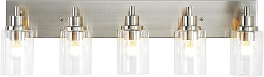 LOUSACE 5 Light Bathroom Vanity Light Brushed Nickel, Bathroom Lighting Fixtures with Clear Glass Shades Over Vanity Mirror, Modern Wall Sconces Fixtures for Bedroom Living Room, E26 Socket