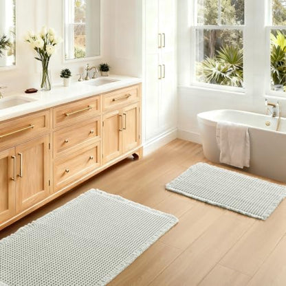 JIUZHEN Set of 2 Waffle Bath Mats Boho Bath Rugs 16"x24"+20"x32", Cream