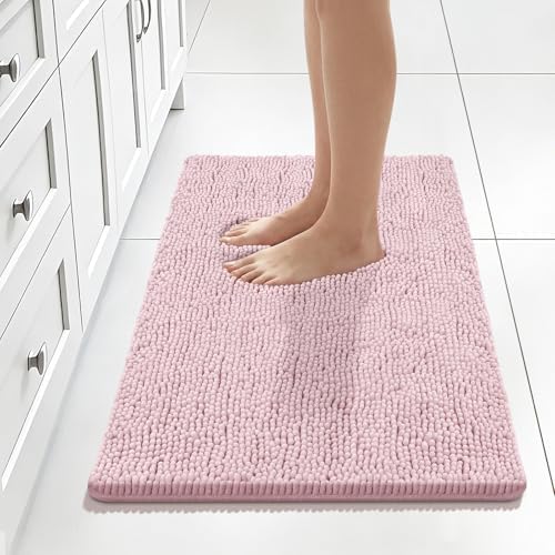 Bcoimo Bath Rug Mat,30x20 Chenille Non Slip Pink Bathroom Floor Shower Mats