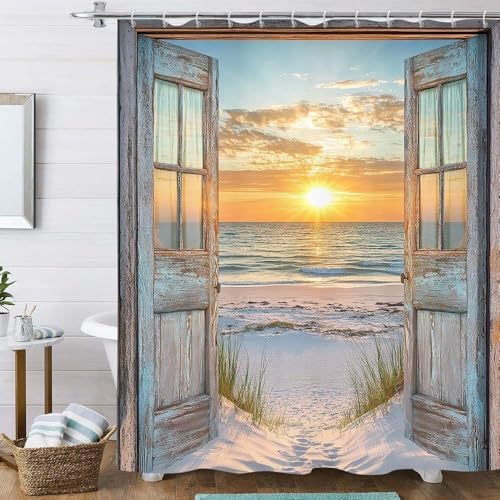 Beach Coastal Shower Curtain, Ocean Barn Door Nautical Sunrise Seaside Seascape Wave Decor Bath Curtains, Rustic Wood Teal Turquoise Bathroom Accessories Fabric Waterproof with Hooks, 36X72in
