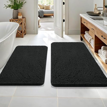 OLANLY Chenille Bathroom Rugs Mats Sets 2 Piece, 36"x24"+30"x20", Black
