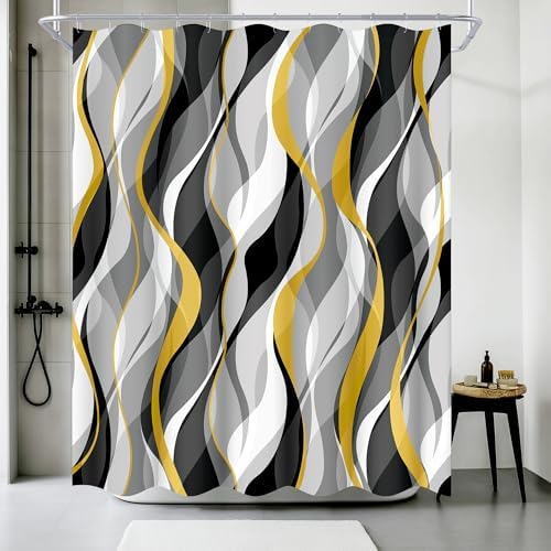 Yellow and Grey Shower Curtain for Bathroom Yellow and Black Shower Curtain Fabric Modern Abstract Striped Minimalist Bath Curtains Waterproof Shower Curtains Set, Black Gray Yellow, 72 x 72 Inch