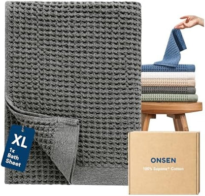 ONSEN Supima® Waffle Bath Sheet, Large, Quick Dry Lint Free 100% USA Cotton, Oversize Lightweight Absorbent Bath Sheet, 38x67 in (Cinder Grey, 1x Bath Sheet)