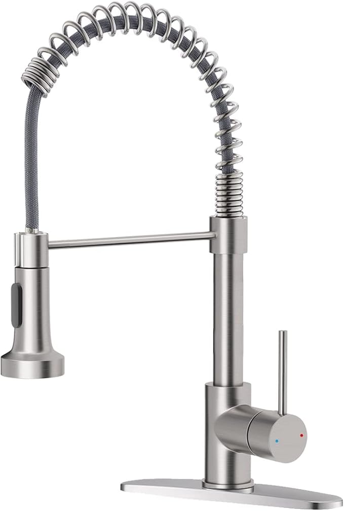 OWOFAN Kitchen Faucet Low Lead Commercial Solid Brass Single Handle Single Lever Pull Out Pull Down Sprayer Spring Kitchen Sink Faucet, Brushed Nickel Kitchen Faucets 866053SN