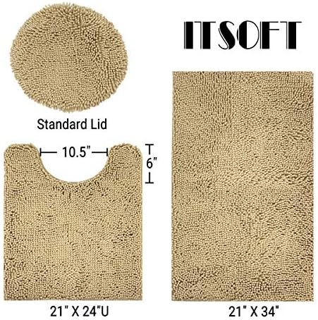 ITSOFT Standard 3pc Non-Slip Shaggy Chenille Bathroom Mat Set, Includes 24"x21" U-Shaped Contour Toilet Rug, 34"x21" Inches Bathmat and 1 Toilet Lid Cover, Beige
