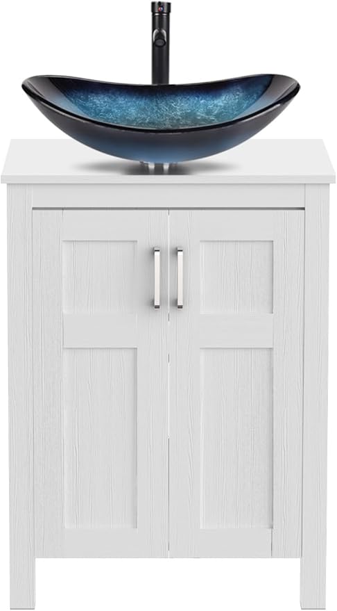 YOURLITE 24" Bathroom Vanity with Sink, White Bathroom Vanity and Sink Combo with Faucet & Pop Up Drain Set,Traditional Vanity with Blue Glass Bowl Bathroom Sink