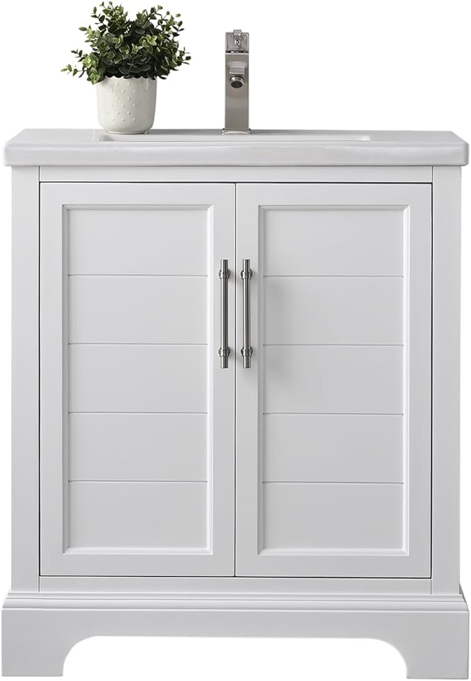 HOMEBEYOND 30 Inch Bathroom Vanity with Single Sink & Ceramic Top, Vanity Cabinet with Center Countertop Basin, Soft-Closing Doors,White