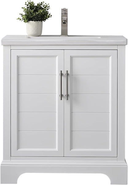 HOMEBEYOND 30 Inch Bathroom Vanity with Single Sink & Ceramic Top, Vanity Cabinet with Center Countertop Basin, Soft-Closing Doors,White