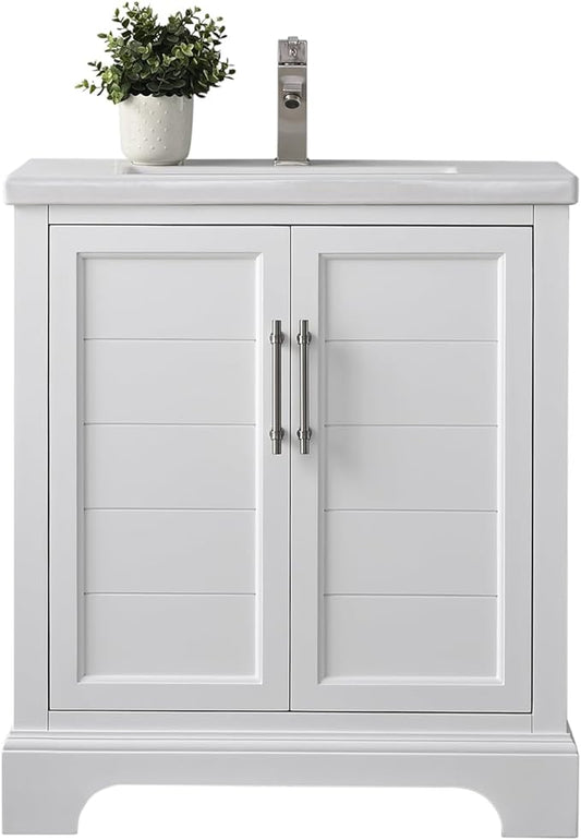 HOMEBEYOND 30 Inch Bathroom Vanity with Single Sink & Ceramic Top, Vanity Cabinet with Center Countertop Basin, Soft-Closing Doors,White