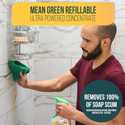 Mean Green Refillable Ultra Powered Bathroom Cleaner Concentrate, Tropical Breeze, 14.3 fl oz – Plant & Mineral Based, Removes 100% of Soap Scum, Refillable Bottle Makes 4X Refills
