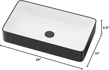 White and Black Bathroom Sink Ceramic Art Basin Above Counter | 24"x14" Rectangular Bathroom Vessel Sink Porcelain Vessel Vanity Sink