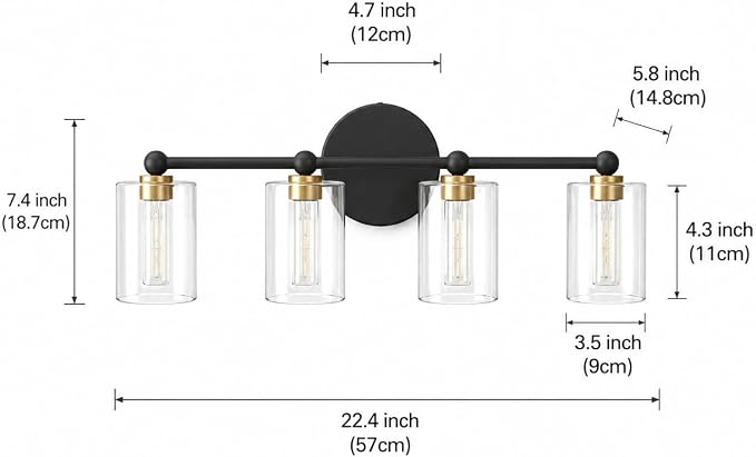 Black and Gold Vanity Light with 3 Color Modes, Eye Protection LED Bathroom Light Fixtures, Dimmable Modern Wall Light Over Mirror with Clear Glass Shade (Black & Gold, 4-Light)