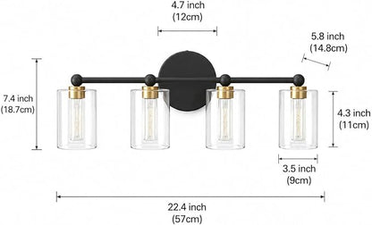 Black and Gold Vanity Light with 3 Color Modes, Eye Protection LED Bathroom Light Fixtures, Dimmable Modern Wall Light Over Mirror with Clear Glass Shade (Black & Gold, 4-Light)