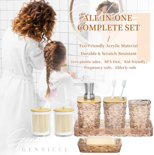 Bathroom Accessory Set, 7 Pcs Brown Bathroom Set, Acrylic Soap Dispenser and Toothbrush Holder Set, Qtip Holder Set, Bathroom Sink Set, Gift for Home Apartment