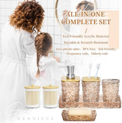 Bathroom Accessory Set, 7 Pcs Brown Bathroom Set, Acrylic Soap Dispenser and Toothbrush Holder Set, Qtip Holder Set, Bathroom Sink Set, Gift for Home Apartment