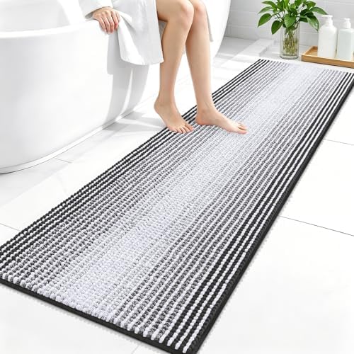 OLANLY Bathroom Runner Rugs 59x20, Chenille Striped Bath Rugs, Dark Grey