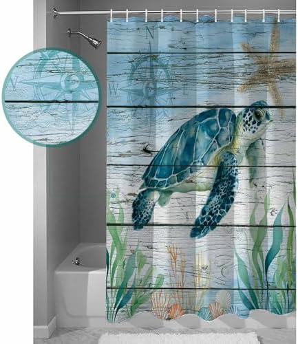 Shower Curtain Bathroom Set Sea Turtle Seagrass Starfish Waterproof Shower Curtains with Grommets Hooks Nautical Compass Blue Gradient Privacy Bath Curtain for Bathtub Decor 36x72in