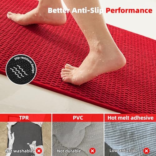 TYUU Large Christmas Bathroom Rugs Non Slip Washable Bath Rugs Super Absorbent Bathroom Rug Thin Quick Dry Low Pile Bath Mats, Red 36"x60"