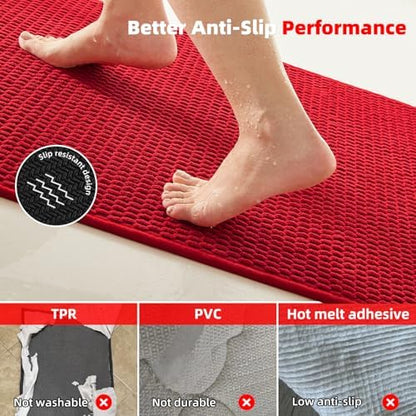 TYUU Christmas Bathroom Rugs Non Slip Washable, Super Absorbent Thin Bath Mat Small Quick Dry Low Pile Bathroom Rug, Red 20"x30"