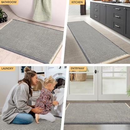 IM HOME Waffle Bath Mat Grey & Beige 36"x24", Boho Woven Modern Bath Mat Rugs, Absorbent Non Slip Bathroom Rugs, Soft Washable Bath Rugs with Tassels for Bedroom, Kitchen, Shower, Tub