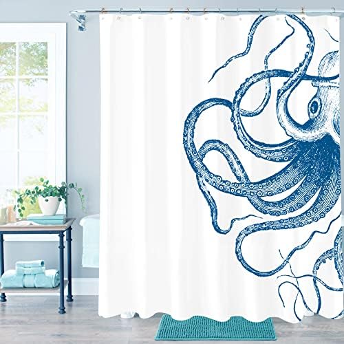 Miyotaa Octopus Kraken Shower Curtain Set 60Wx71H Inches Nautical Ocean Tentacles Sea Creatures Mythical Blue Polyester Waterproof Cloth Bathroom Curtain with 12 Hooks