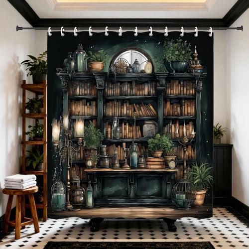 Gothic Witchy Dark Academia Bookshelf Shower Curtain 72x72 Inches