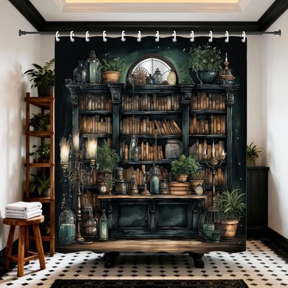 Gothic Witchy Dark Academia Bookshelf Shower Curtain 72x72 Inches