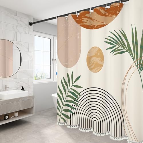 Boho Mid Century Leaf Shower Curtain Set,Arch Sun Design,Minimalistic Leaves Pattern,Waterproof and Luxurious Fabric-12 Hooks(Beige-72" x 84")