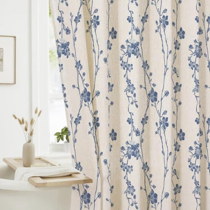 Navy Blue Farmhouse Linen Shower Curtain, Boho Floral Fabric, 72 x 84