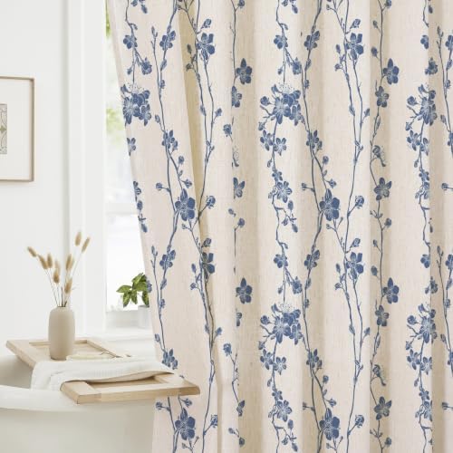 Navy Blue Farmhouse Linen Shower Curtain, Boho Floral Fabric, 72 x 72