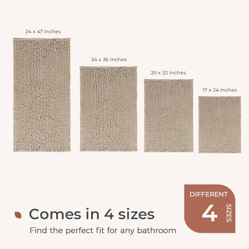 FRESHMINT Large Chenille Bathroom Rugs Mat 36"x24", Non-Slip Bath Mat for Bathroom Floor & BathTub, Washable Shower Shag Bath Rugs, Soft Fluffy Thick Water Absorbent Microfiber Shower Mat, Light Brown