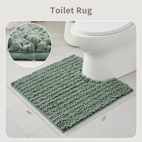 Sage Green Toilet Rugs U Shaped Washable, 24x24 Contour Bath Rugs for Toilet, Luxury Ultra Soft Chenille U-Shaped Toilet Rug, Non Slip Absorbent Machine Washable Bathroom Mat for Toile