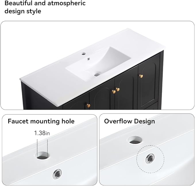 LZ LEISURE ZONE 48" Bathroom Vanity with Ceramic Sink Combo, Abundant Cabinet -4 Soft Close Doors and 2 Drawers, Black