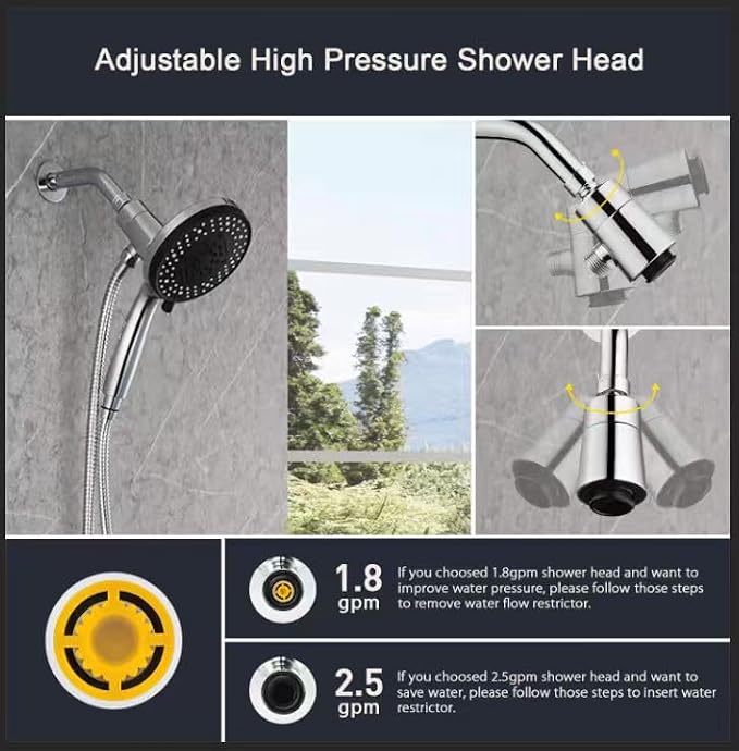 Magnetic Shower Head with Handheld Chrome | High Pressure 9-setting Handheld Shower Head, Magnetic Bracket,59 Inches Stainless Steel Shower Hose. (Basic Model, Chorme)