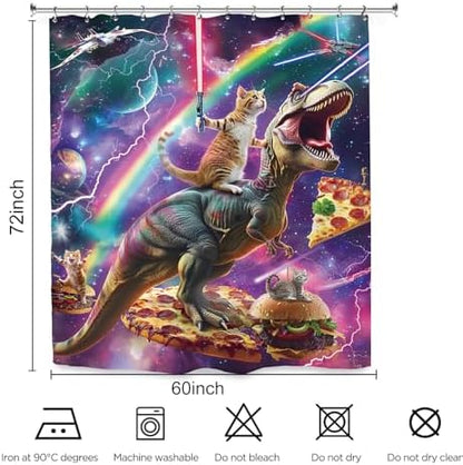 Funny Dinosaur Cat Shower Curtain 60Wx72L Inch Cool Kids Boys Galaxy Space Universe Hilarious Animal Bathroom Set Accessories Decor with 12 Pack Hooks