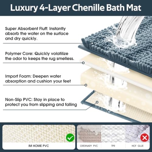SmileYes Striped Haze Blue Bathroom Rug Set 3 Pieces Ultra Soft, Non Slip Chenille Bath Carpet, Absorbent Plush Shaggy Bath Mats for Bathroom, Bedroom, Stone Blue