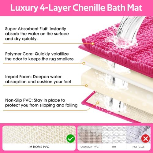 ACCUMTEK Christmas Striped Hot Pink Bathroom Rug Set 3 Pieces Ultra Soft, Non Slip Chenille Toilet Mat, Absorbent Plush Shaggy Bath Mats for Bathroom, Bedroom, Kitchen, Peach