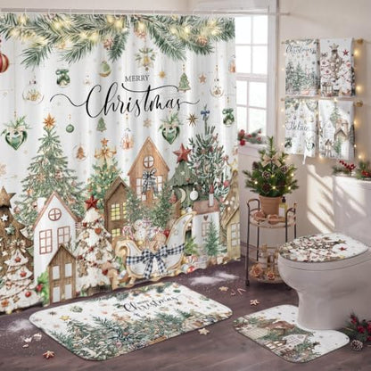 FuWeave 8Pcs Christmas Shower Curtain Set Farmhouse Rustic Bathroom Decor