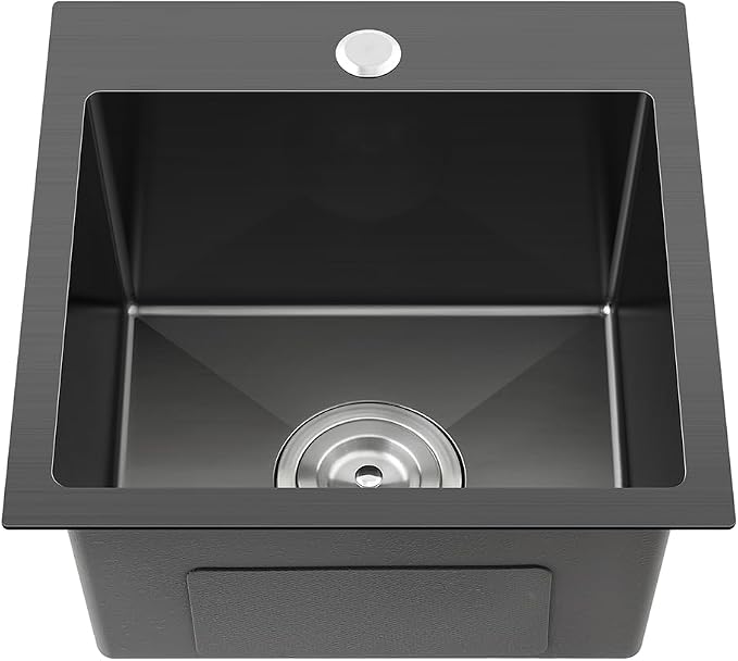 Black 304 Stainless Steel 15x17" Drop in Topmount Bar Sink | Single Bowl Overmount sink 8" Deep, Anti-scratch Black Coating, Great for Bar, Camper, Caravan and Mini Kitchen