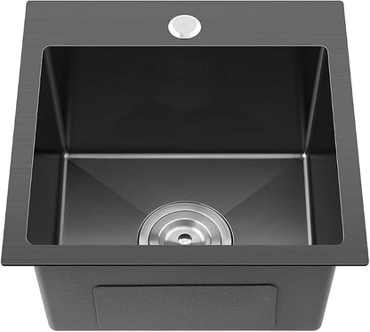 Black 304 Stainless Steel 15x17" Drop in Topmount Bar Sink | Single Bowl Overmount sink 8" Deep, Anti-scratch Black Coating, Great for Bar, Camper, Caravan and Mini Kitchen
