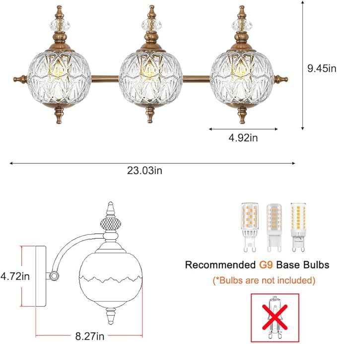 Brushed Gold Bathroom Vanity Light Fixture Vintage Style - 3 Light G9 Bulb Compatible, 23" Wide Bathroom Lighting Over Mirror with Hand-Etched Glass Shades, Easy Mount for Makeup Area