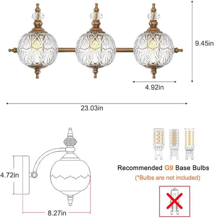 Brushed Gold Bathroom Vanity Light Fixture Vintage Style - 3 Light G9 Bulb Compatible, 23" Wide Bathroom Lighting Over Mirror with Hand-Etched Glass Shades, Easy Mount for Makeup Area