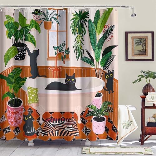 Funny Cat Shower Curtain Boho Cute Fun Black Cats Matisse Shower Curtains for Bathroom Kitten Green Tropical Plant Leaves Beige Brown Red Waterproof Fabric Bath Curtain Decor 72 X 84 Inches