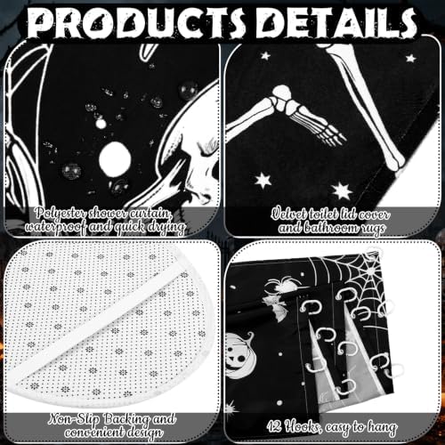 FuWeave 8 Pcs Halloween Shower Curtain Set for Bathroom Decor Include Dancing Skeleton Skull Ghost Pumpkin Towels Halloween Non Slip Spider Web Rugs Toilet Lid Cover Bat Bath Mat and 12 Hooks