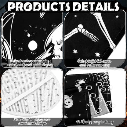FuWeave 8 Pcs Halloween Shower Curtain Set for Bathroom Decor Include Dancing Skeleton Skull Ghost Pumpkin Towels Halloween Non Slip Spider Web Rugs Toilet Lid Cover Bat Bath Mat and 12 Hooks