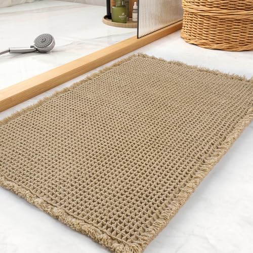 Waffle Bath Mat, Super Absorbent Non Slip Bath Mat Ultra Soft Bathmat Machine Washable Bath Rugs with Tassels, Beside Tub, 20" x 32", Brown