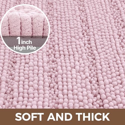 Bcoimo Bath Rug Mat,48x30 Chenille Non Slip Pink Long Bathroom Runner Rugs
