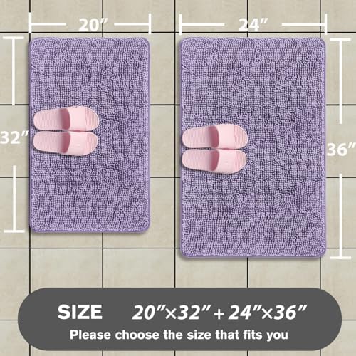 Lavender Bathroom Rugs Sets 2 Piece – Absorbent and Washable Bath Mat, Non-Slip, Thick Soft Chenille Bath Rugs for Bathroom Floor, Shower, Sink - 20" x 32"+24" x 36"